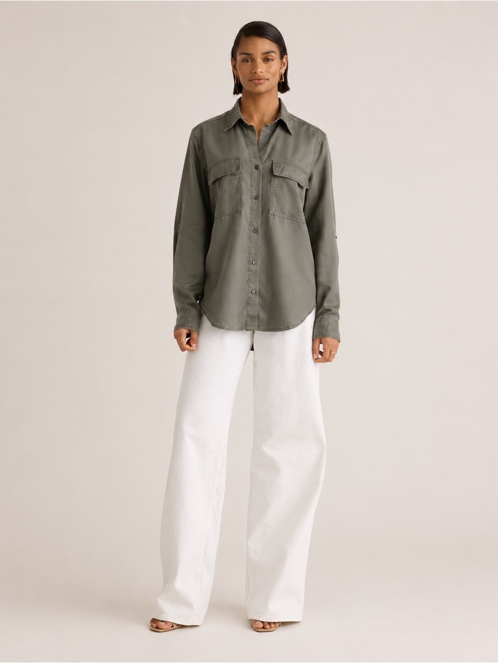 Quince Vintage Wash Tencel Utility Shirt Olive Green Button-Up Size Small - Picture 3 of 11